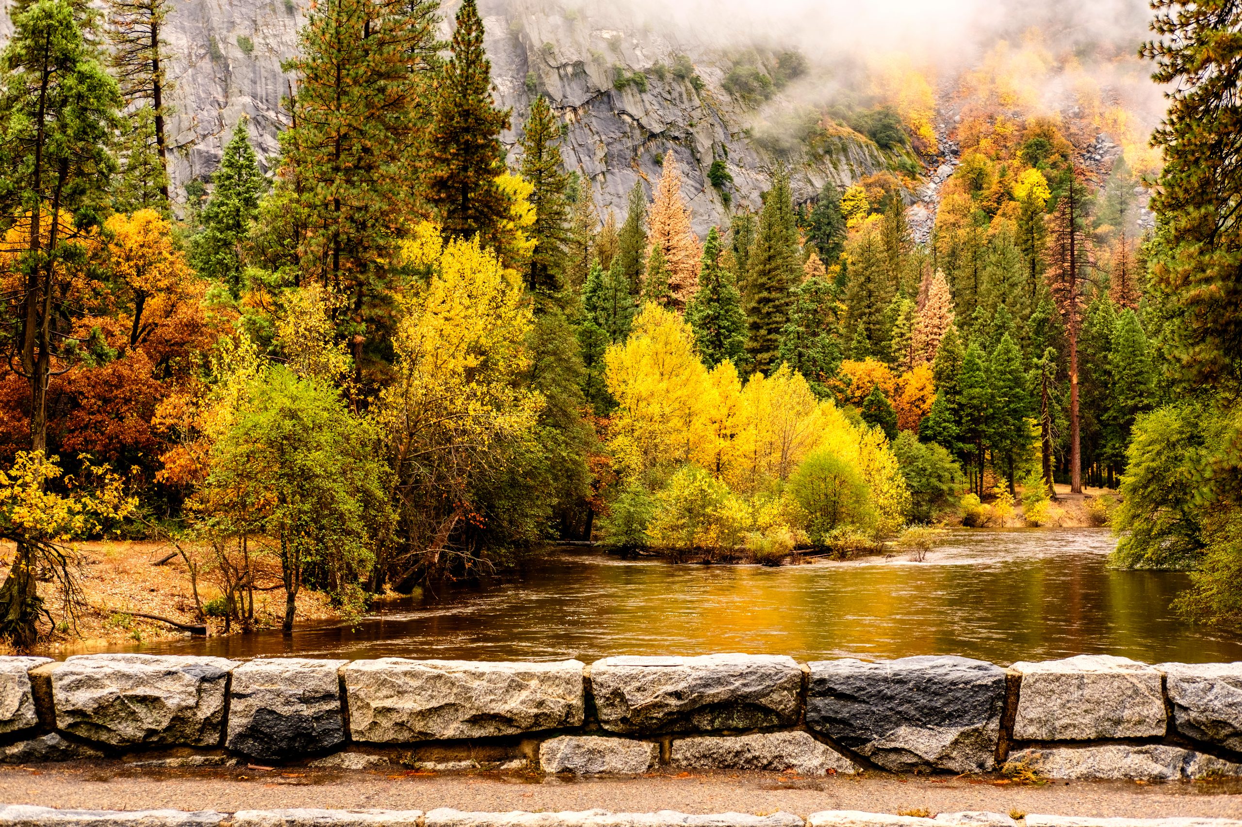 Yosemite National Park Valley and Merced River, California, USA, in autumn. Low clouds at the mountain tops and trees behind the river in shades of green, yellow, and orange, with a gray stone wall in the foreground.